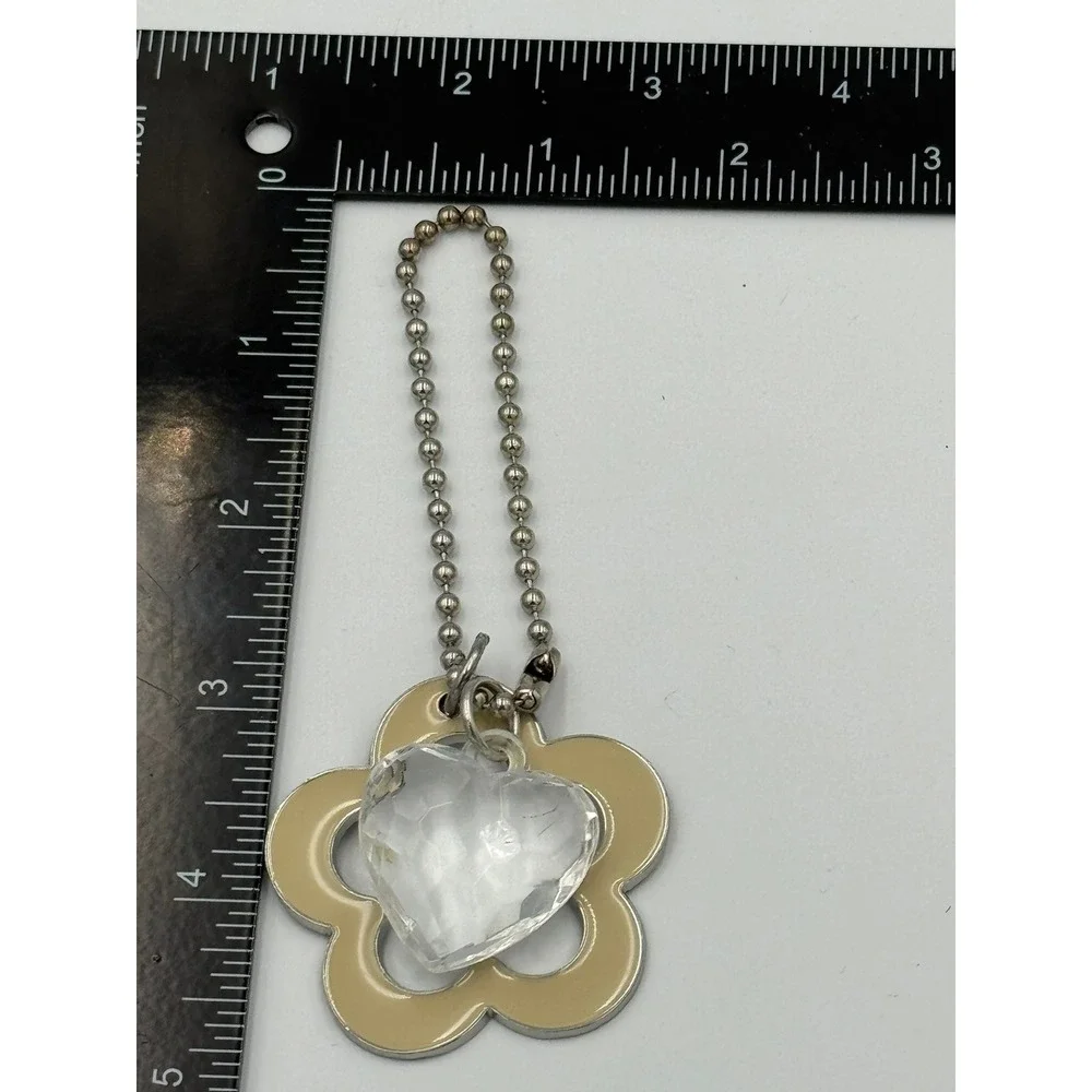 Tan Enamel Flower and Faceted Clear Heart Charm Keychain Silver Tone Ball‎ Chain